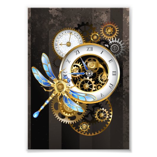 Steampunk-klok met mechanische dragonfly foto afdruk (Voorkant)