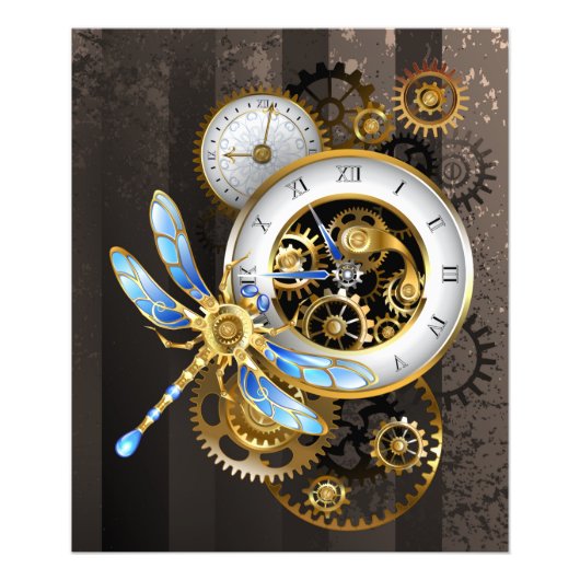 Steampunk-klok met mechanische dragonfly foto afdruk (Voorkant)