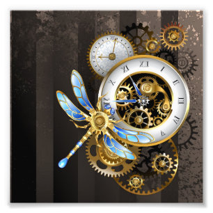 Steampunk-klok met mechanische dragonfly foto afdruk
