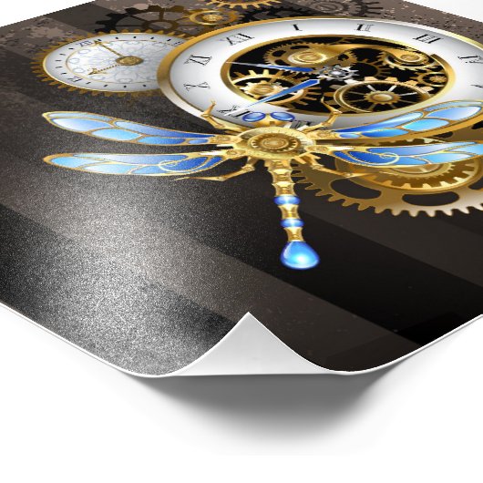 Steampunk-klok met mechanische dragonfly foto afdruk (Hoek)