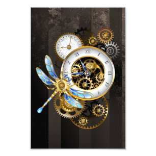 Steampunk-klok met mechanische dragonfly foto afdruk