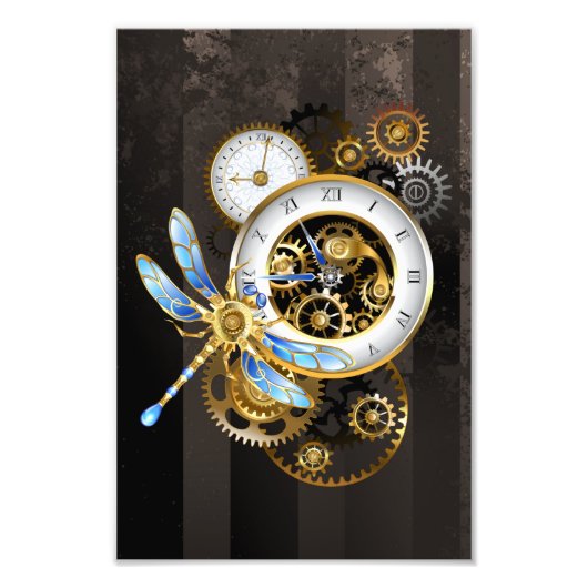Steampunk-klok met mechanische dragonfly foto afdruk (Voorkant)