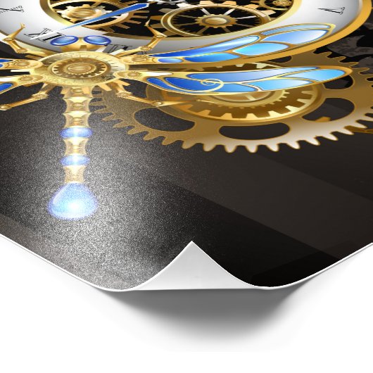 Steampunk-klok met mechanische dragonfly foto afdruk (Hoek)