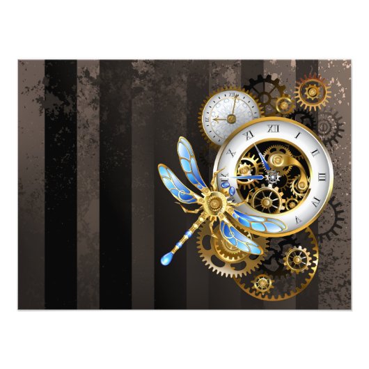 Steampunk-klok met mechanische dragonfly foto afdruk (Voorkant)