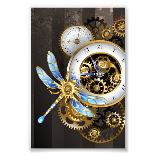 Steampunk-klok met mechanische dragonfly foto afdruk (Voorkant)