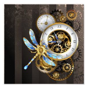 Steampunk-klok met mechanische dragonfly foto afdruk