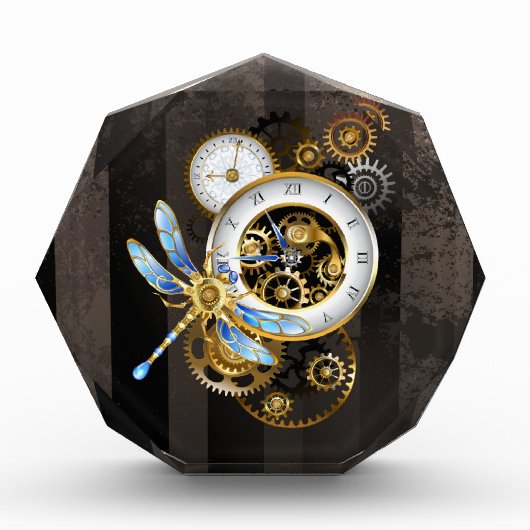 Steampunk-klok met mechanische dragonfly fotoblokken (Voorkant)
