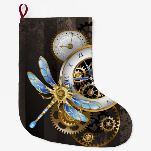 Steampunk-klok met mechanische dragonfly grote kerstsok (Voorkant)