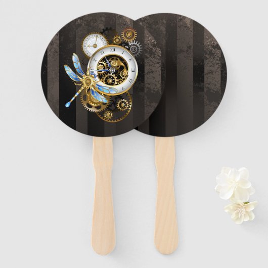 Steampunk-klok met mechanische dragonfly handwaaier (Voorkant en achterkant)