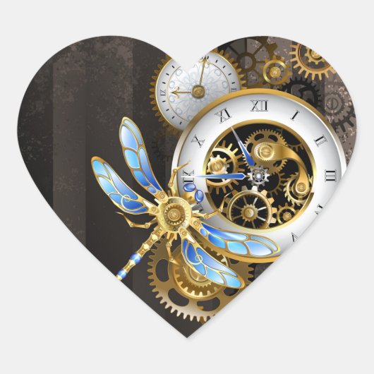 Steampunk-klok met mechanische dragonfly hart sticker (Voorkant)