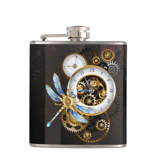 Steampunk-klok met mechanische dragonfly heupfles (Voorkant)