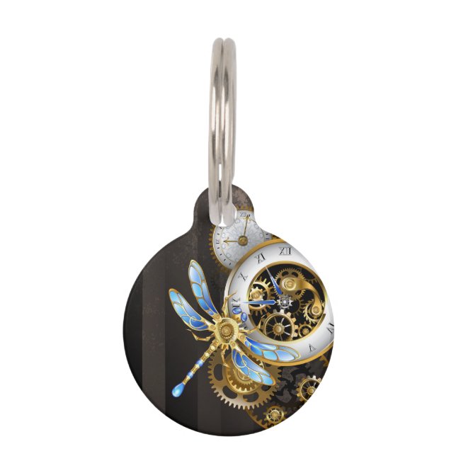 Steampunk-klok met mechanische dragonfly huisdierpenning (Voorkant)