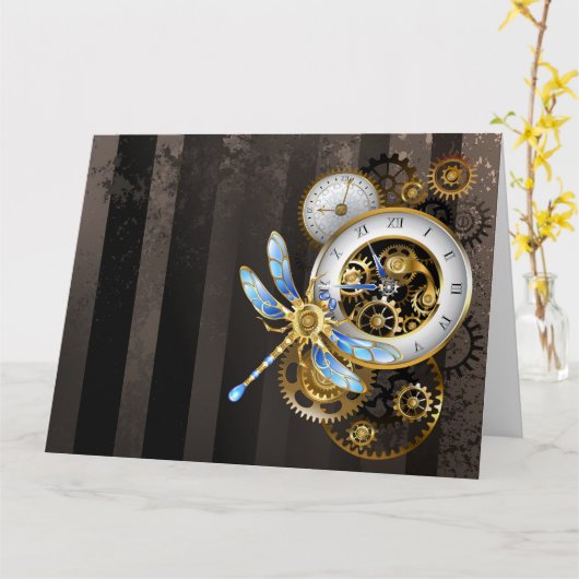 Steampunk-klok met mechanische dragonfly kaart (Gele Bloem)