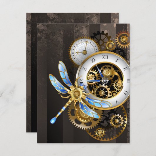 Steampunk-klok met mechanische dragonfly kaart (Voorkant / Achterkant)