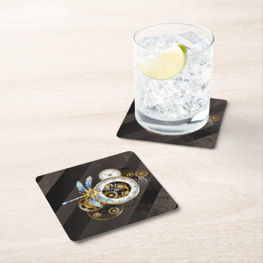 Steampunk-klok met mechanische dragonfly kartonnen onderzetters (Insitu)