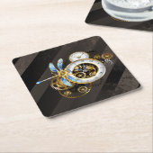 Steampunk-klok met mechanische dragonfly kartonnen onderzetters (Schuin)