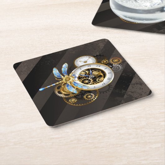 Steampunk-klok met mechanische dragonfly kartonnen onderzetters (Schuin)