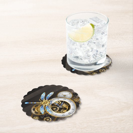 Steampunk-klok met mechanische dragonfly kartonnen onderzetters (Insitu)