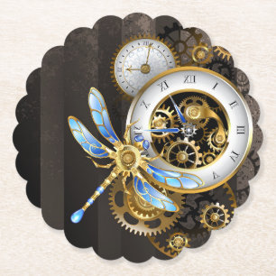 Steampunk-klok met mechanische dragonfly kartonnen onderzetters