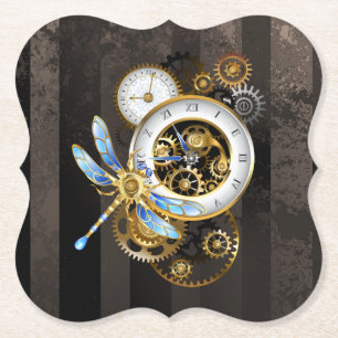 Steampunk-klok met mechanische dragonfly kartonnen onderzetters