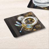 Steampunk-klok met mechanische dragonfly kartonnen onderzetters (Schuin)
