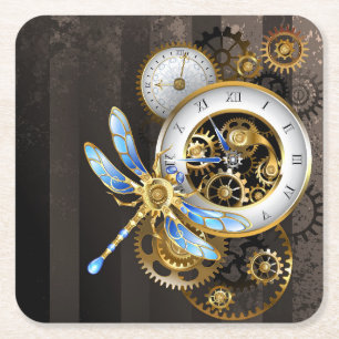 Steampunk-klok met mechanische dragonfly kartonnen onderzetters