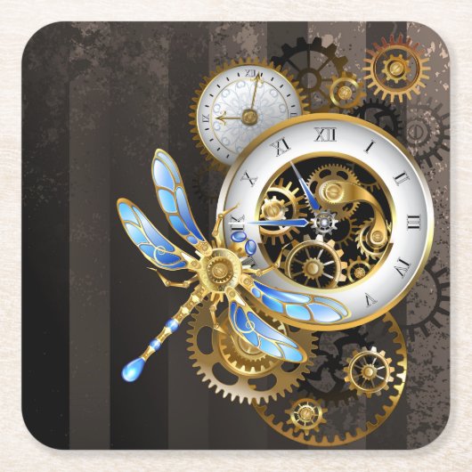 Steampunk-klok met mechanische dragonfly kartonnen onderzetters (Voorkant)