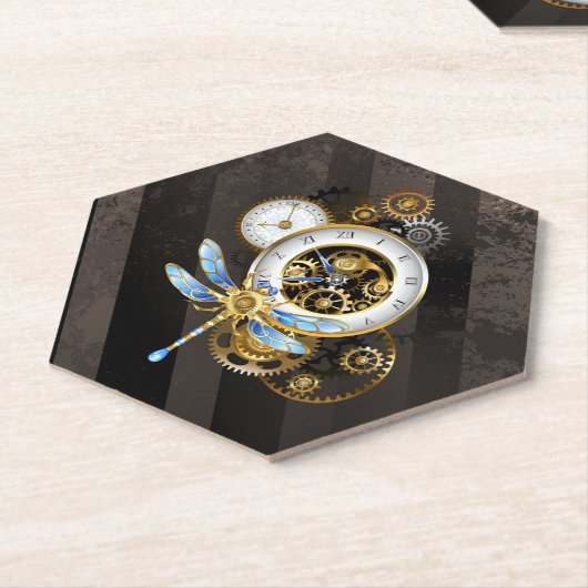 Steampunk-klok met mechanische dragonfly kartonnen onderzetters (Schuin)