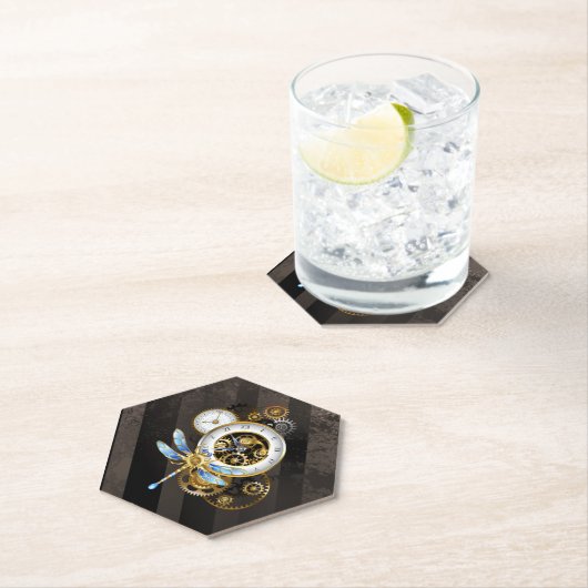 Steampunk-klok met mechanische dragonfly kartonnen onderzetters (Insitu)