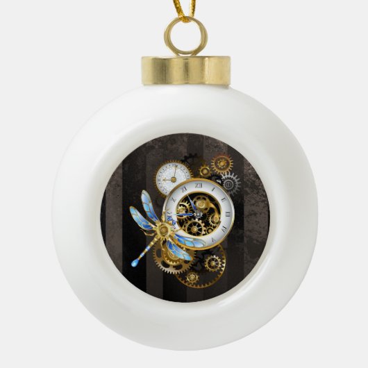 Steampunk-klok met mechanische dragonfly keramische bal ornament (Voorkant)
