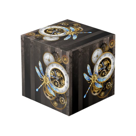 Steampunk-klok met mechanische dragonfly kubus (Achter hoekig)