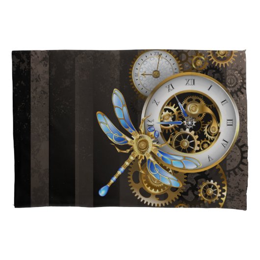Steampunk-klok met mechanische dragonfly kussensloop (Voorkant-Links)