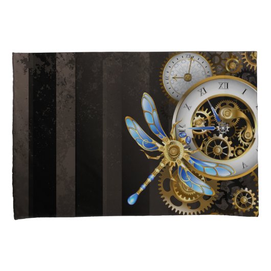 Steampunk-klok met mechanische dragonfly kussensloop (Voorkant-Rechts)