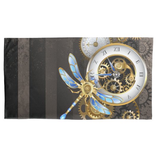 Steampunk-klok met mechanische dragonfly kussensloop (Voorkant-Links)