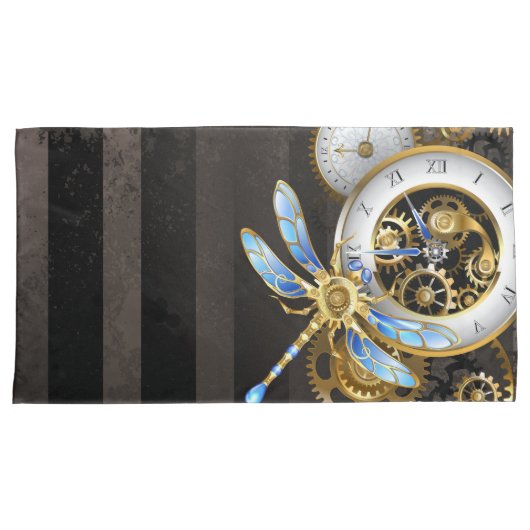 Steampunk-klok met mechanische dragonfly kussensloop (Voorkant-Rechts)