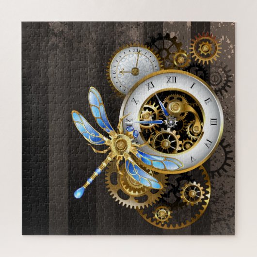 Steampunk-klok met mechanische dragonfly legpuzzel (Verticaal)