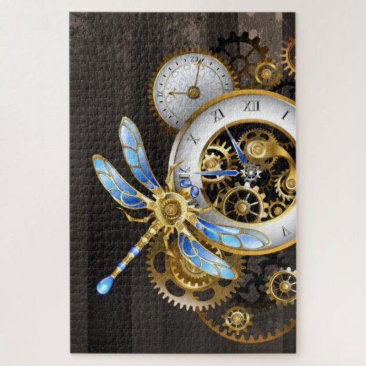 Steampunk-klok met mechanische dragonfly legpuzzel (Verticaal)
