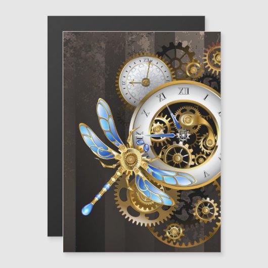 Steampunk-klok met mechanische dragonfly magnetische uitnodiging (Voorkant / Achterkant)