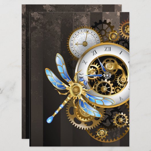 Steampunk-klok met mechanische dragonfly menu (Voorkant / Achterkant)