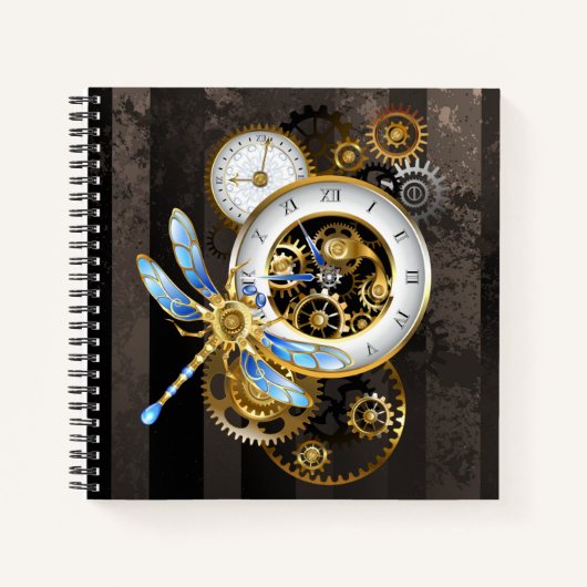 Steampunk-klok met mechanische dragonfly notitieboek (Voorkant)