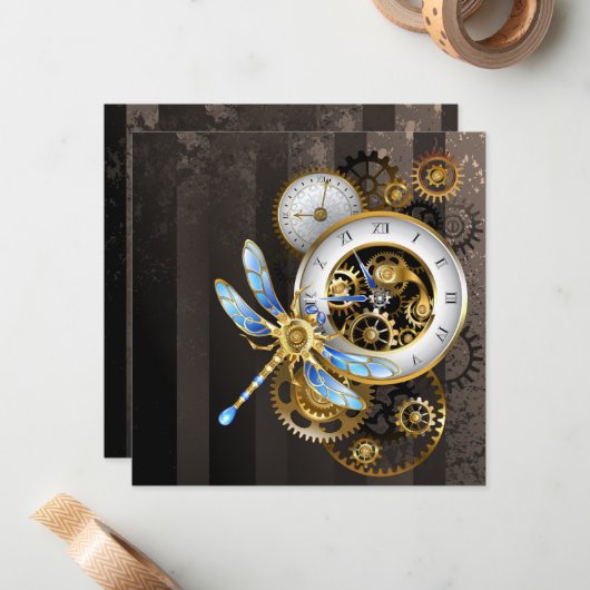 Steampunk-klok met mechanische dragonfly notitiekaartje (Voorkant / Achterkant in situ)