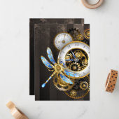 Steampunk-klok met mechanische dragonfly notitiekaartje (Voorkant / Achterkant in situ)