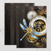 Steampunk-klok met mechanische dragonfly notitiekaartje (Voorkant / Achterkant)