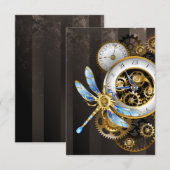 Steampunk-klok met mechanische dragonfly notitiekaartje (Voorkant / Achterkant)