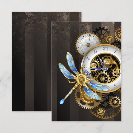 Steampunk-klok met mechanische dragonfly notitiekaartje (Voorkant / Achterkant)