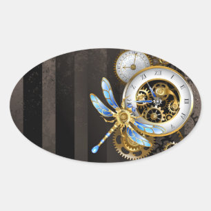 Steampunk-klok met mechanische dragonfly ovale sticker