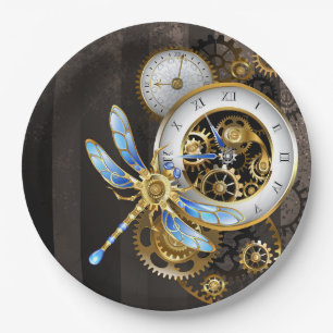 Steampunk-klok met mechanische dragonfly papieren bordje