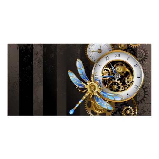 Steampunk-klok met mechanische dragonfly perfect poster (Voorkant)