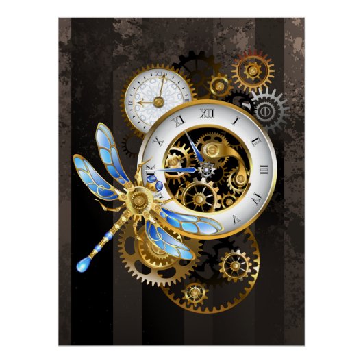 Steampunk-klok met mechanische dragonfly perfect poster (Voorkant)
