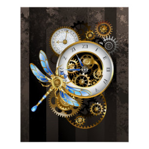 Steampunk-klok met mechanische dragonfly perfect poster
